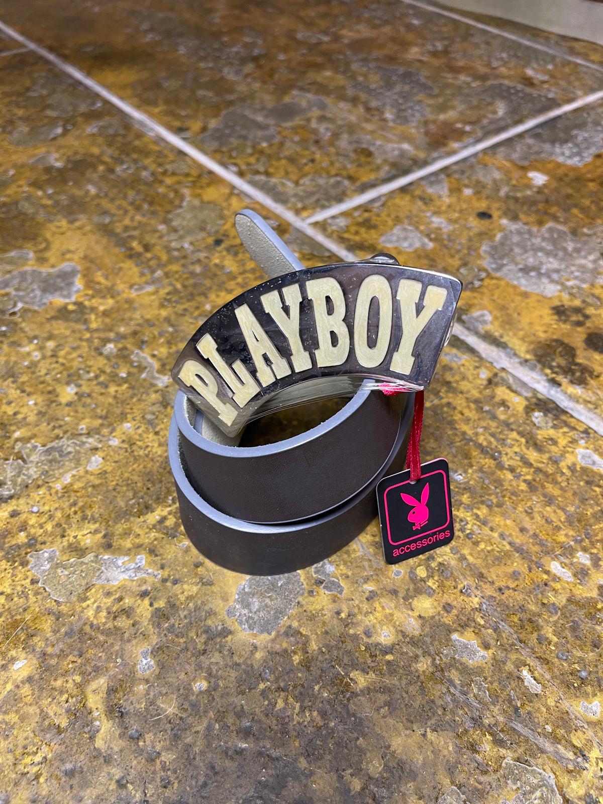 Playboy Leather Belt Gray Big Buckle Silver Metal 2004 y2k